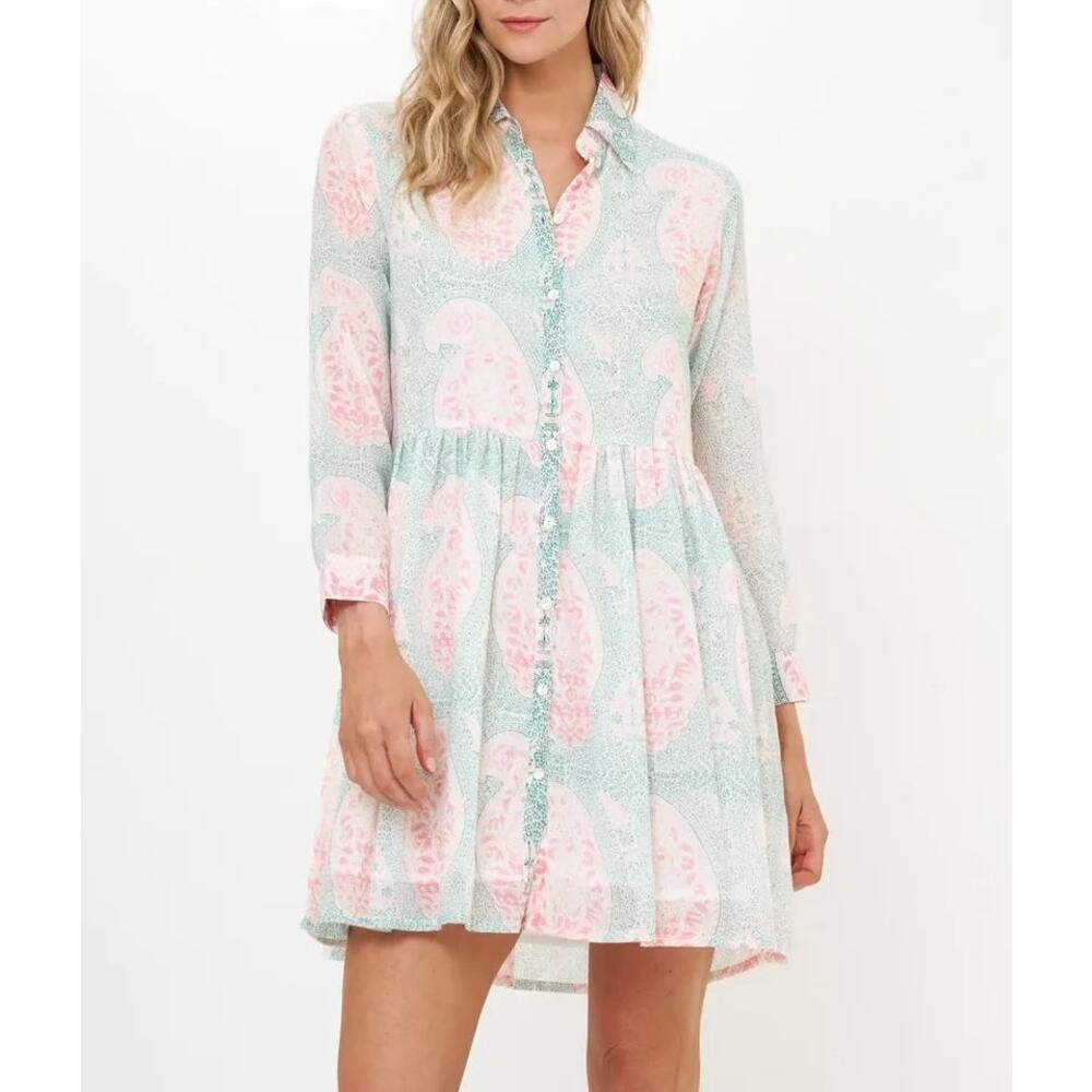 Oliphant Samode Long Sleeve Babydoll Mini Tunic Dress Green Pink Large